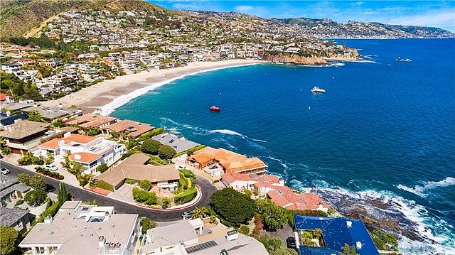 Drone view of Emerald Bay in summer light with sailboats